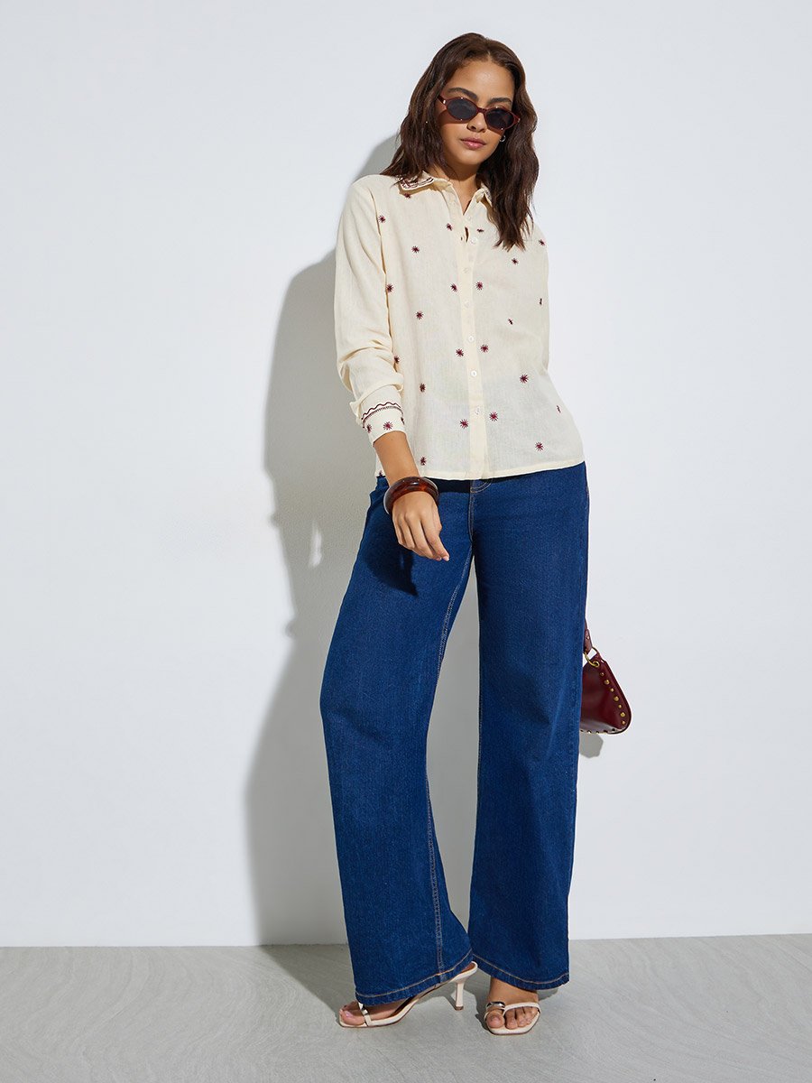 Women Beige Embroidered Long Sleeve Shirt