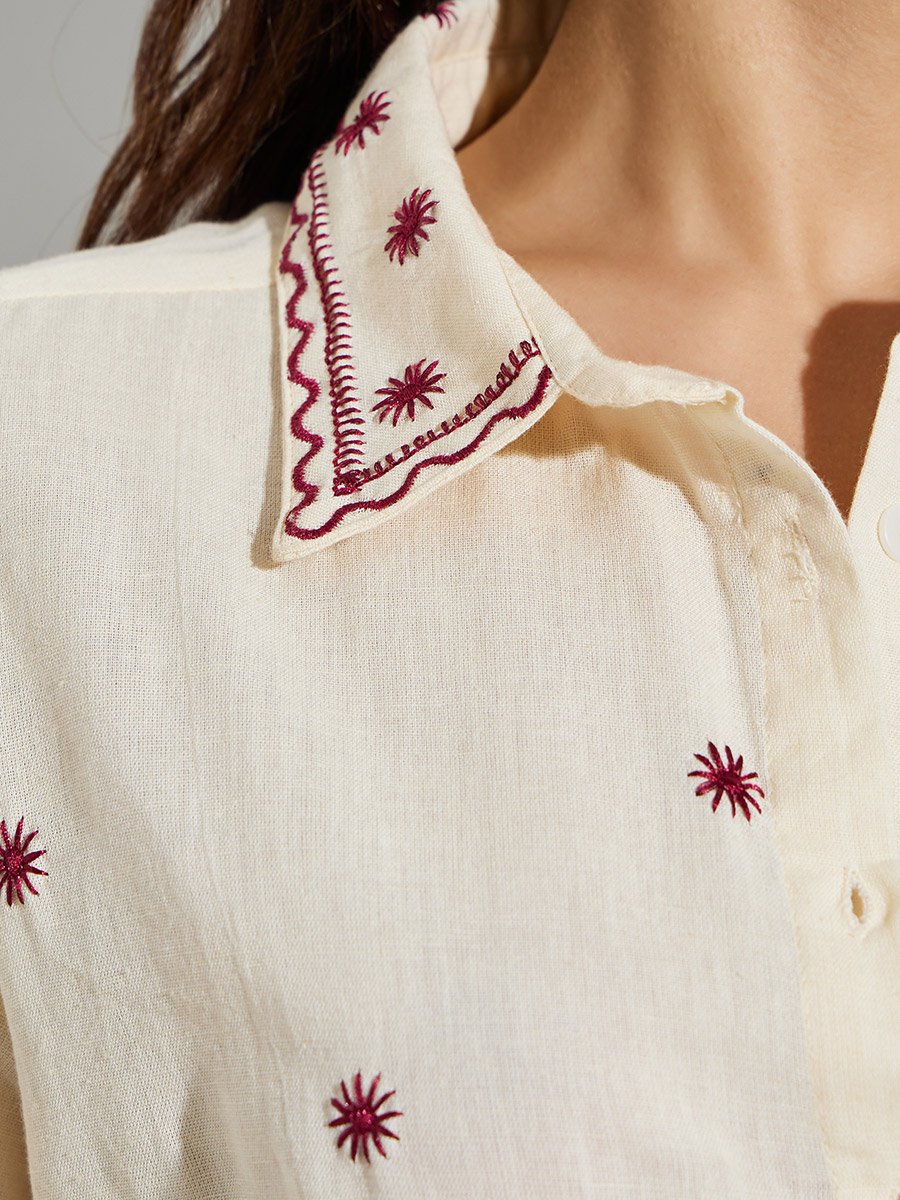 Women Beige Embroidered Long Sleeve Shirt