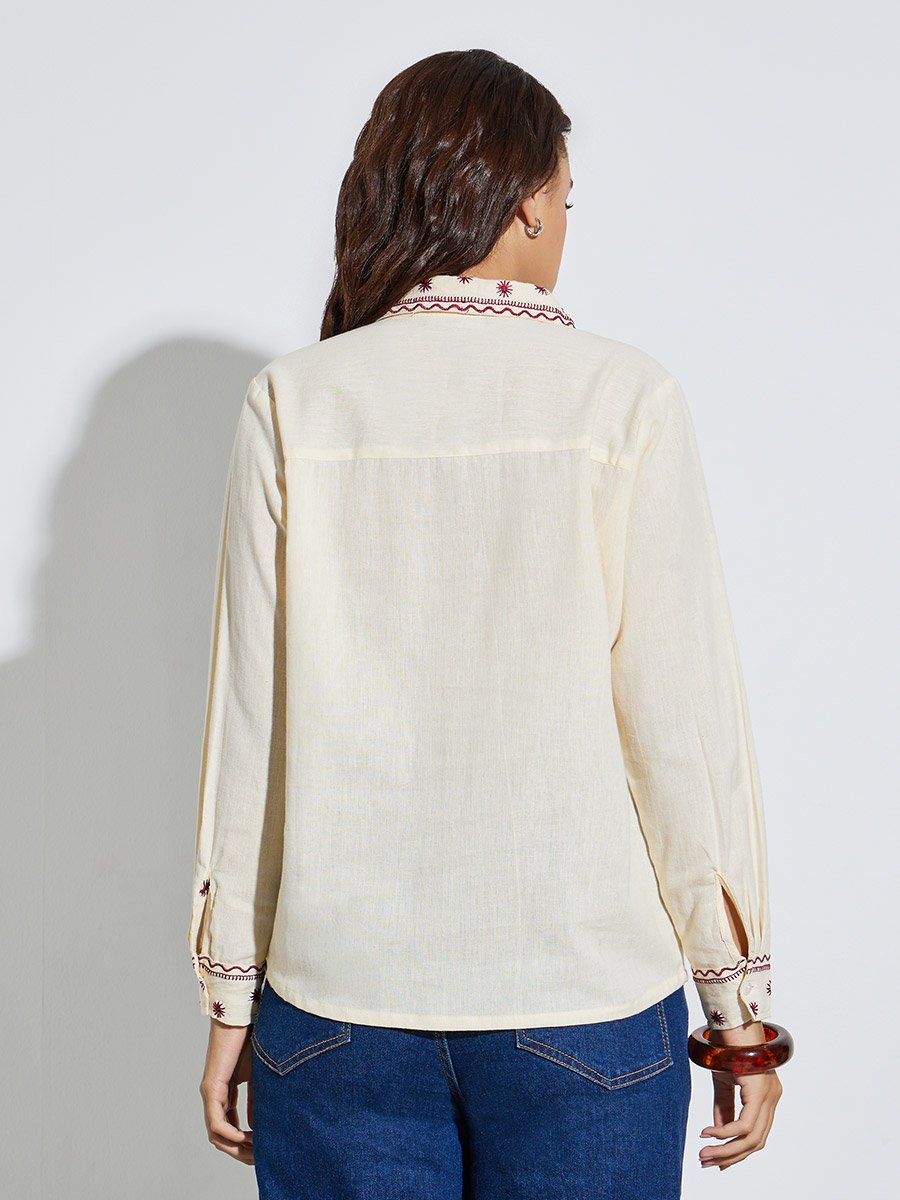 Women Beige Embroidered Long Sleeve Shirt