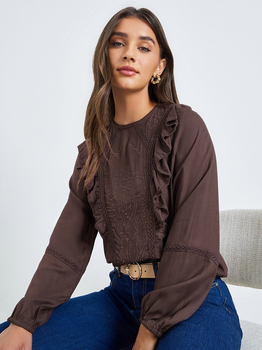 Brown Embroidered Ruffle Blouse