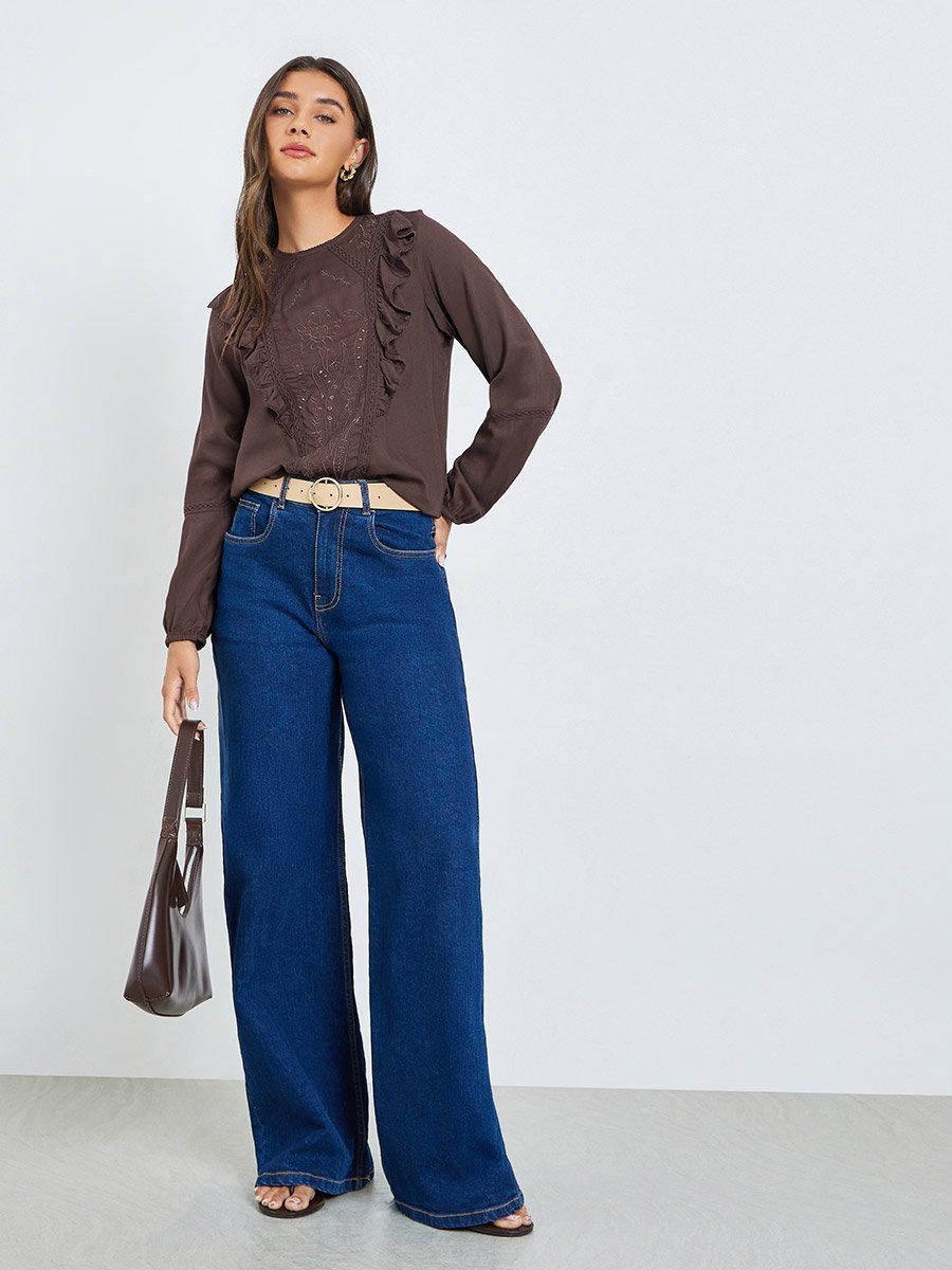 Brown Embroidered Ruffle Blouse