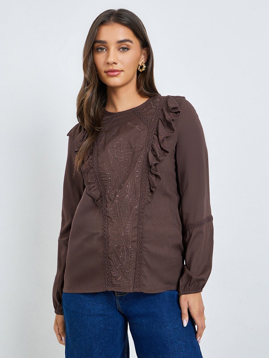Brown Embroidered Ruffle Blouse