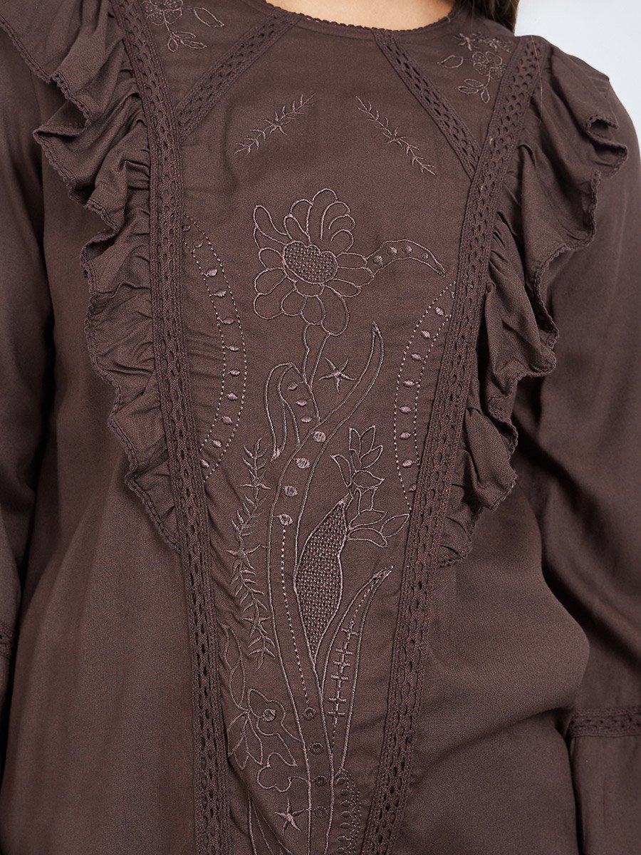 Brown Embroidered Ruffle Blouse