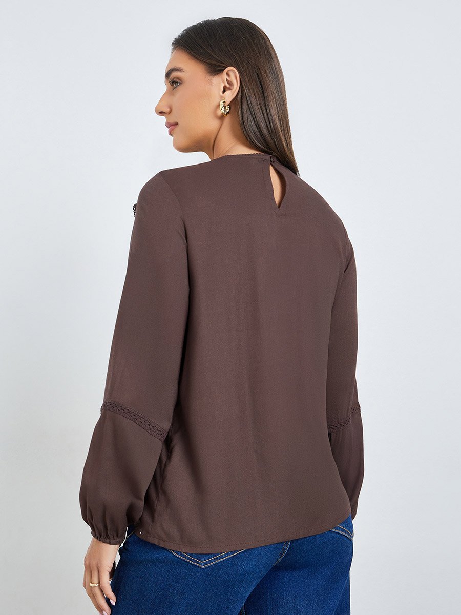 Brown Embroidered Ruffle Blouse
