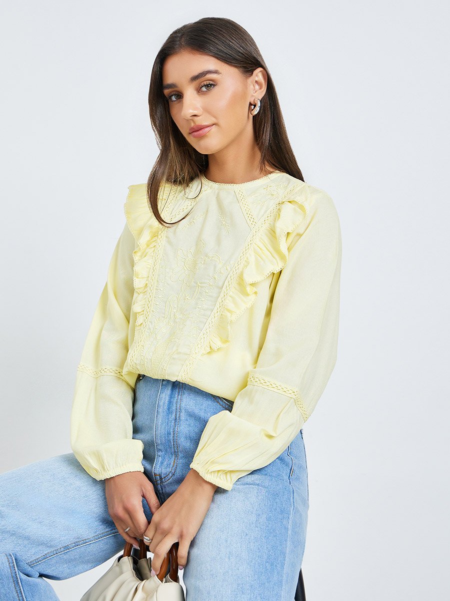 Yellow Embroidered Ruffle Blouse