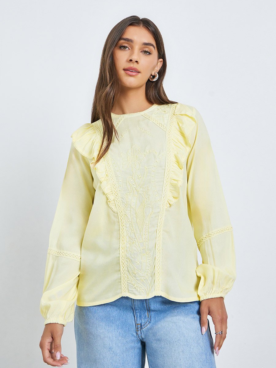 Yellow Embroidered Ruffle Blouse