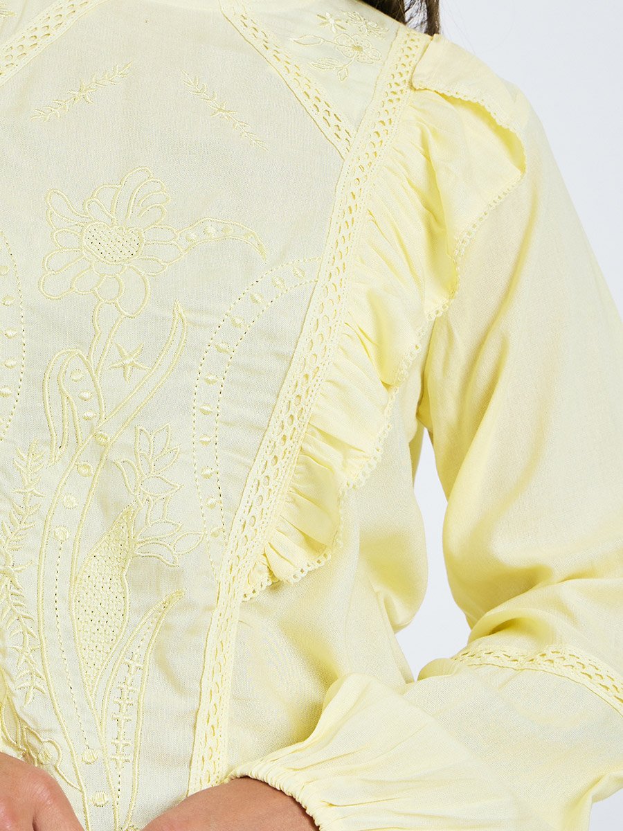 Yellow Embroidered Ruffle Blouse
