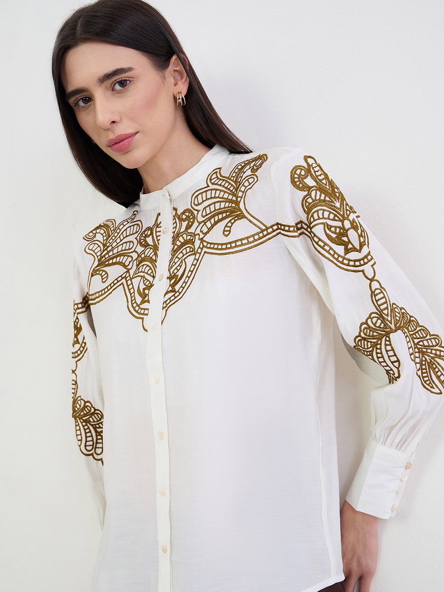 Off White Embroidered Long Sleeve Shirt