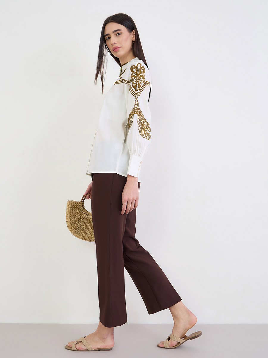 Off White Embroidered Long Sleeve Shirt