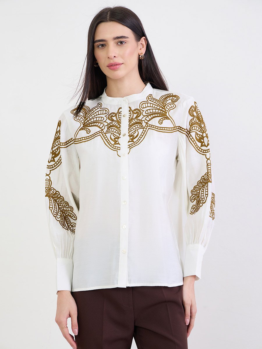 Off White Embroidered Long Sleeve Shirt