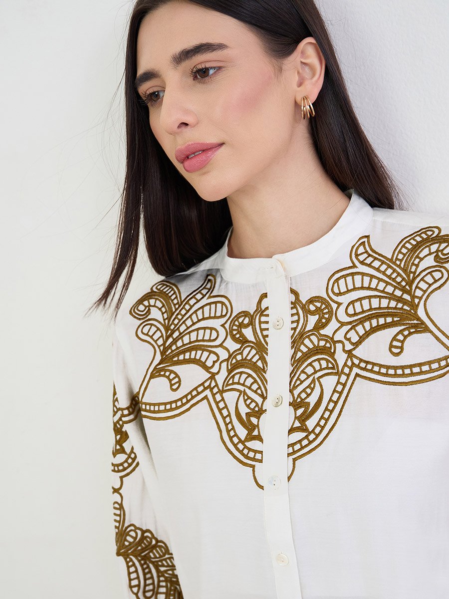 Off White Embroidered Long Sleeve Shirt