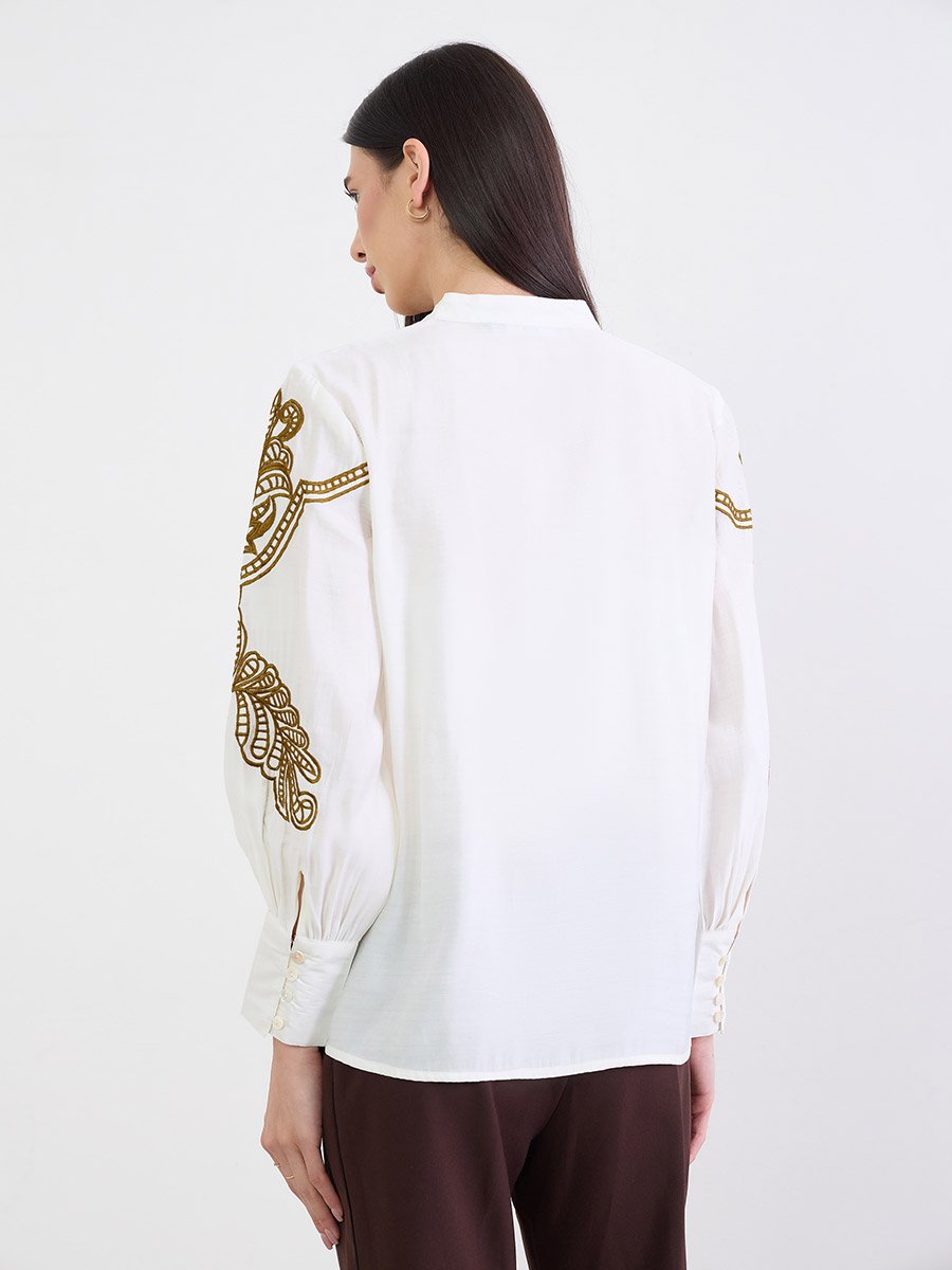 Off White Embroidered Long Sleeve Shirt
