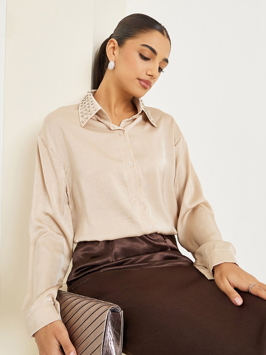 Women Beige Satin Embellished Collar Shirt