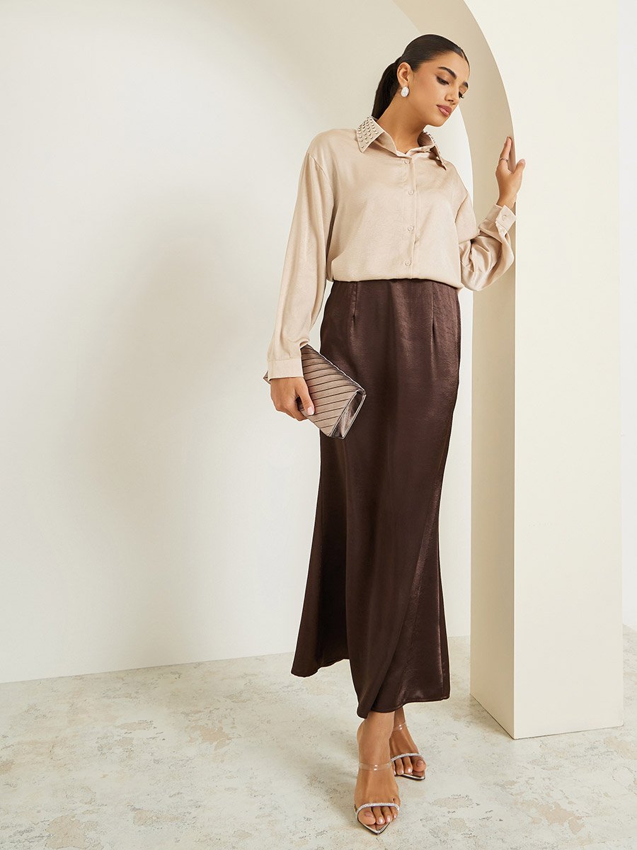 Women Beige Satin Embellished Collar Shirt