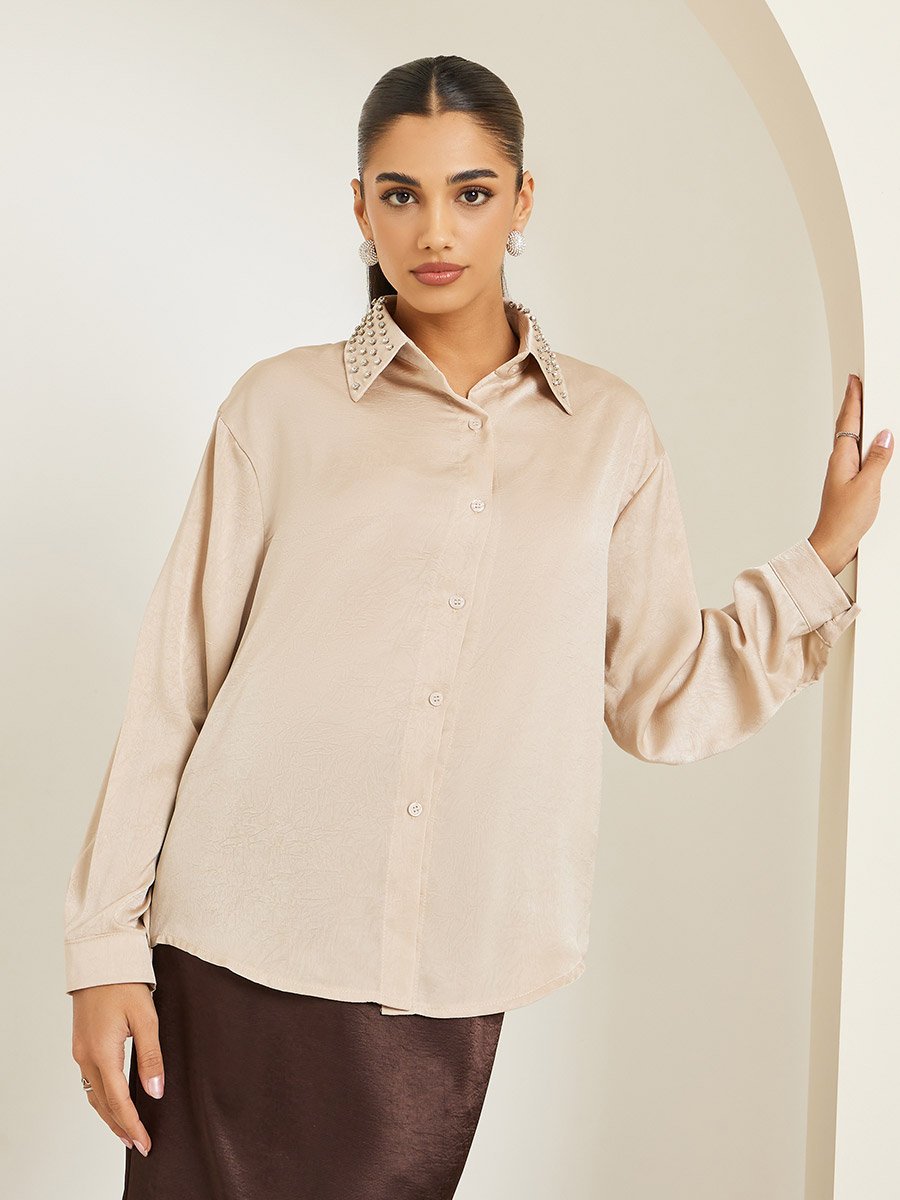 Women Beige Satin Embellished Collar Shirt