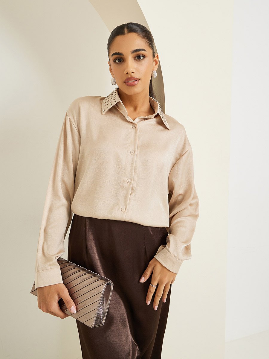 Women Beige Satin Embellished Collar Shirt