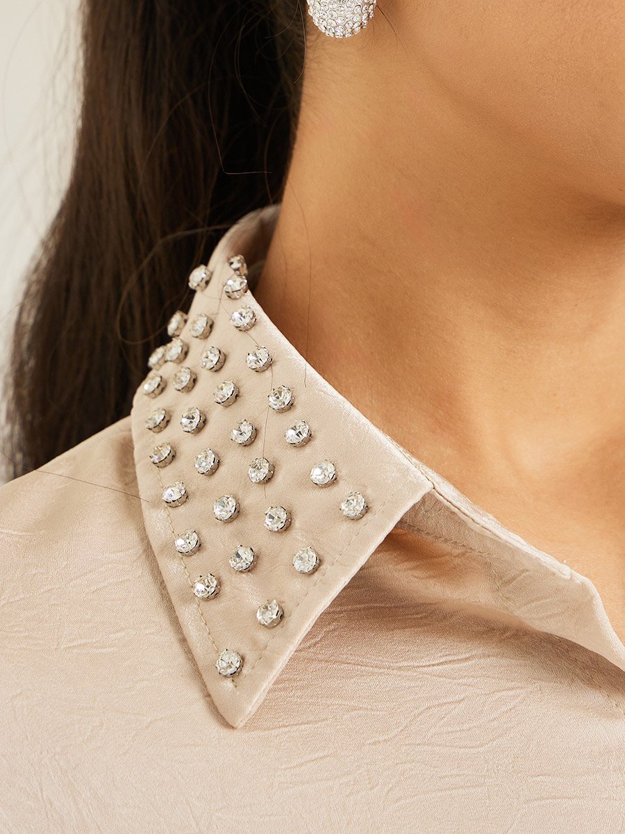Women Beige Satin Embellished Collar Shirt