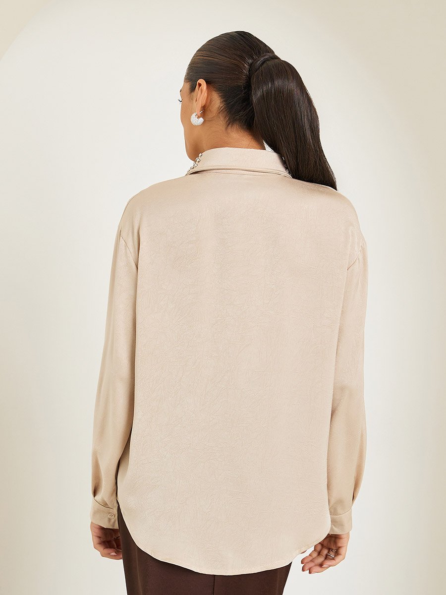 Women Beige Satin Embellished Collar Shirt