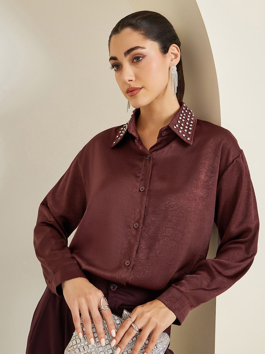 Women Burgundy Satin Embellished Collar Shirt For Women at Qatar | Styli Women Burgundy Satin Embellished Collar Shirt For Women at Qatar | Styli