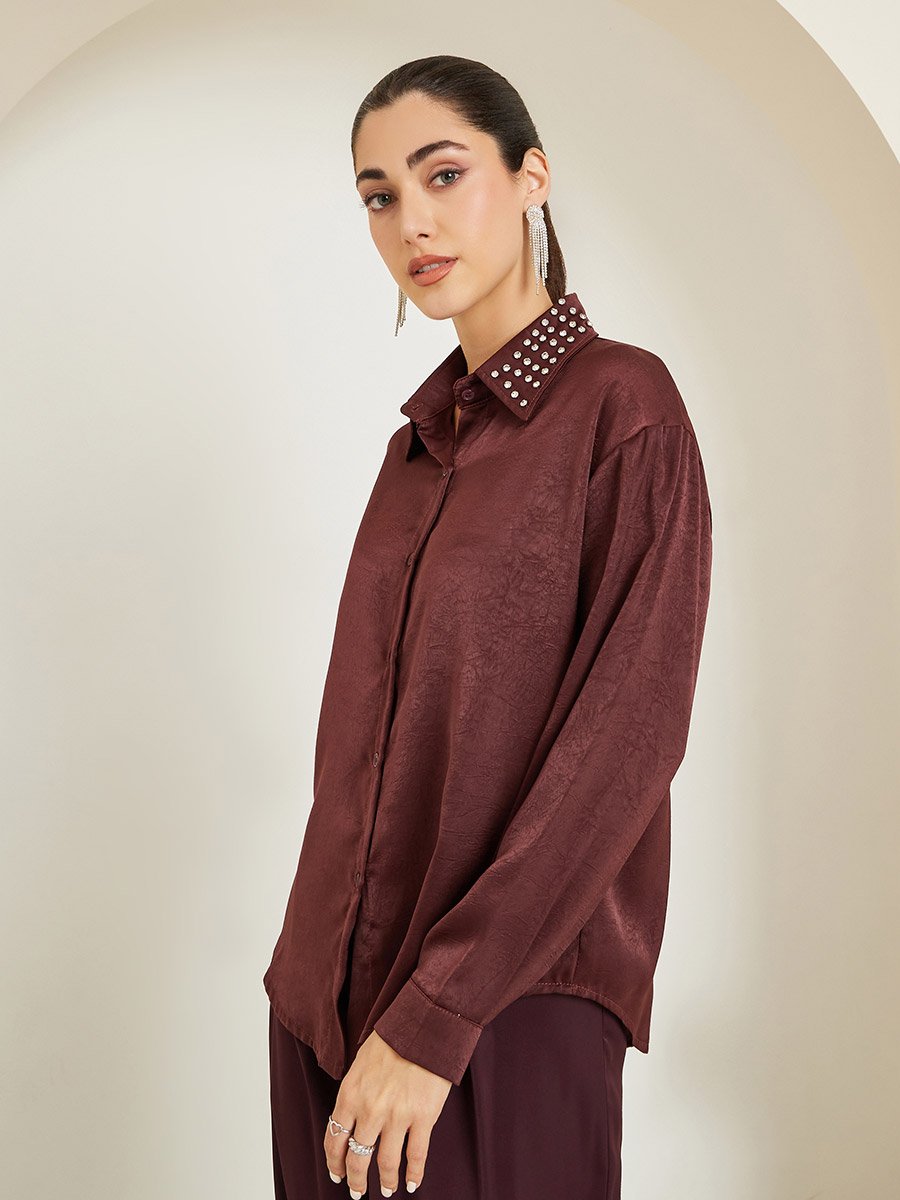 Women Burgundy Satin Embellished Collar Shirt For Women at Qatar | Styli Women Burgundy Satin Embellished Collar Shirt For Women at Qatar | Styli
