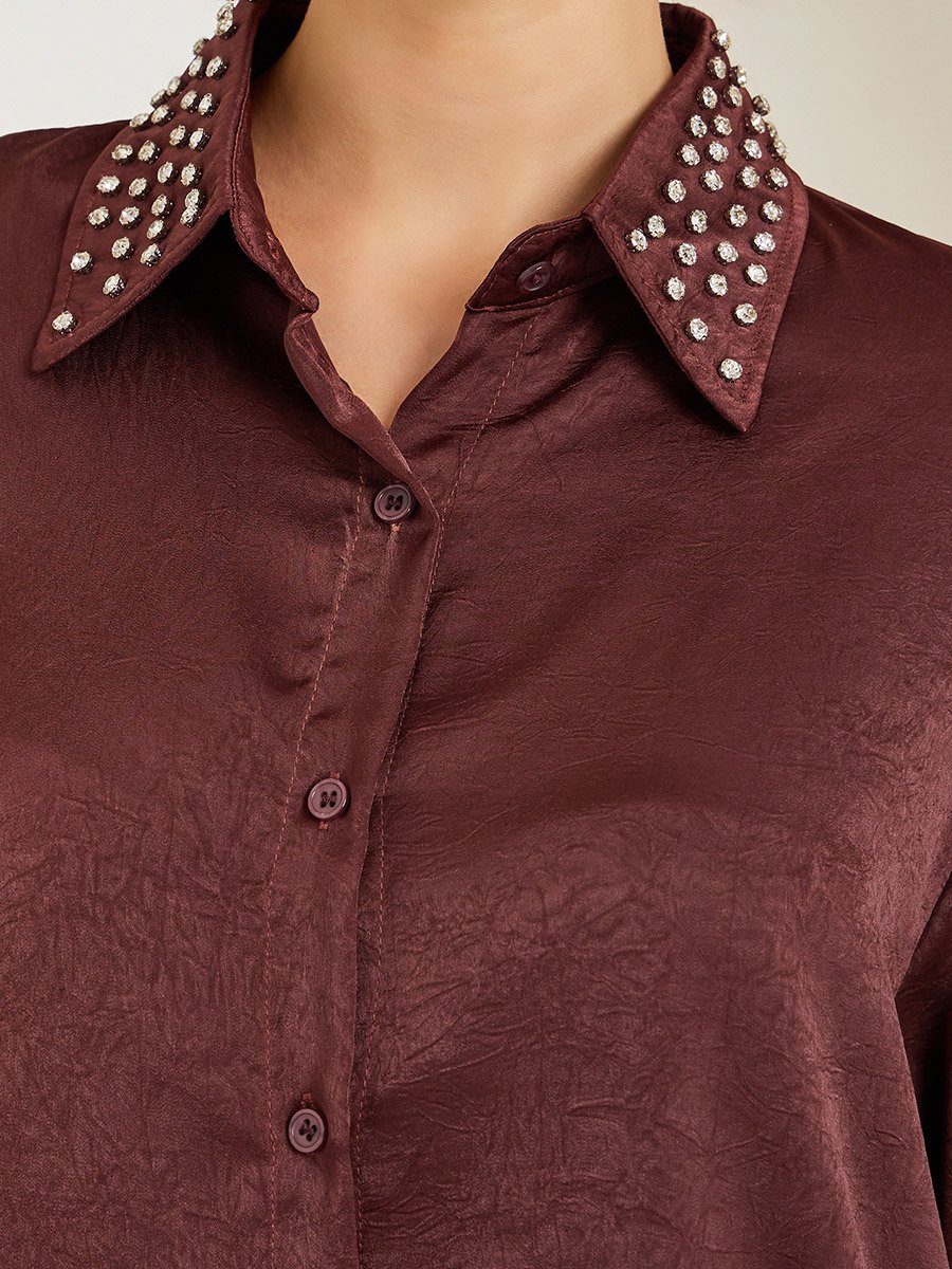 Women Burgundy Satin Embellished Collar Shirt For Women at Qatar | Styli
