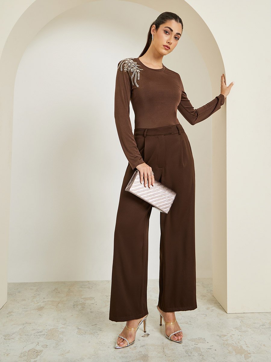 Women Brown Beaded Embellished Long Sleeve Top