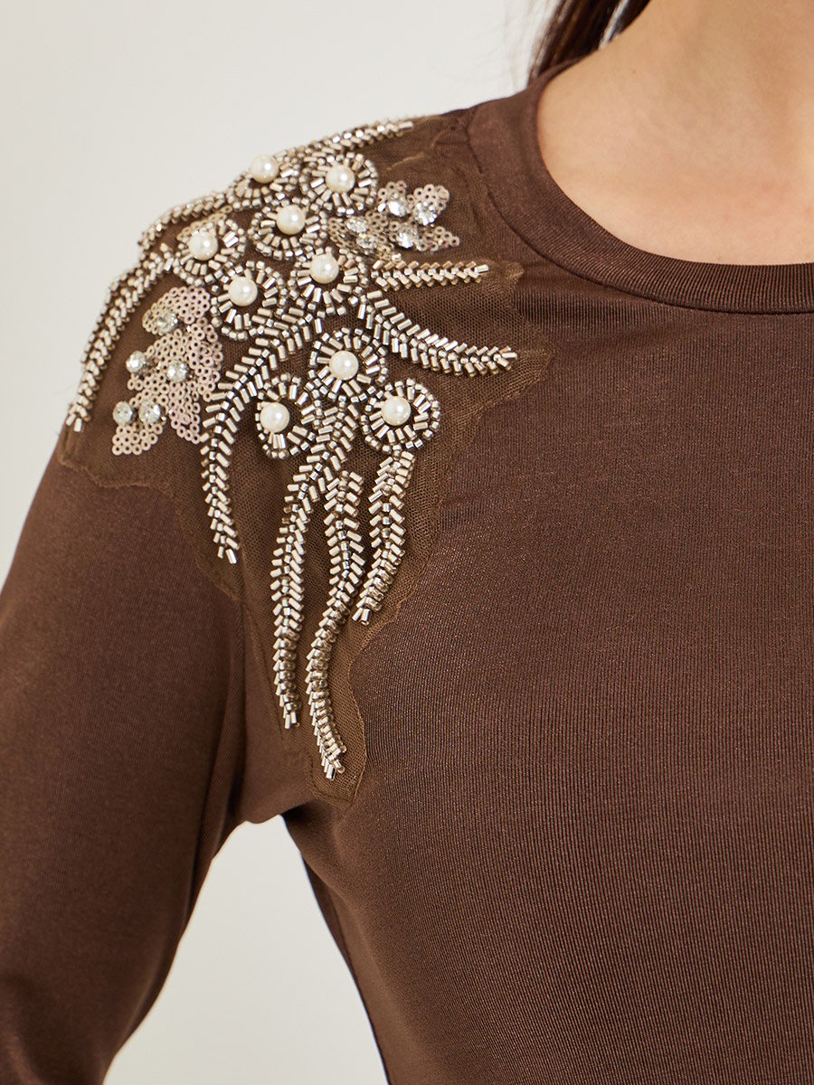 Women Brown Beaded Embellished Long Sleeve Top