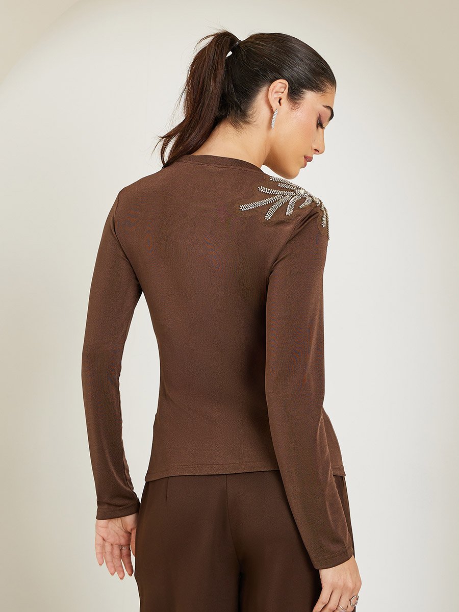Women Brown Beaded Embellished Long Sleeve Top