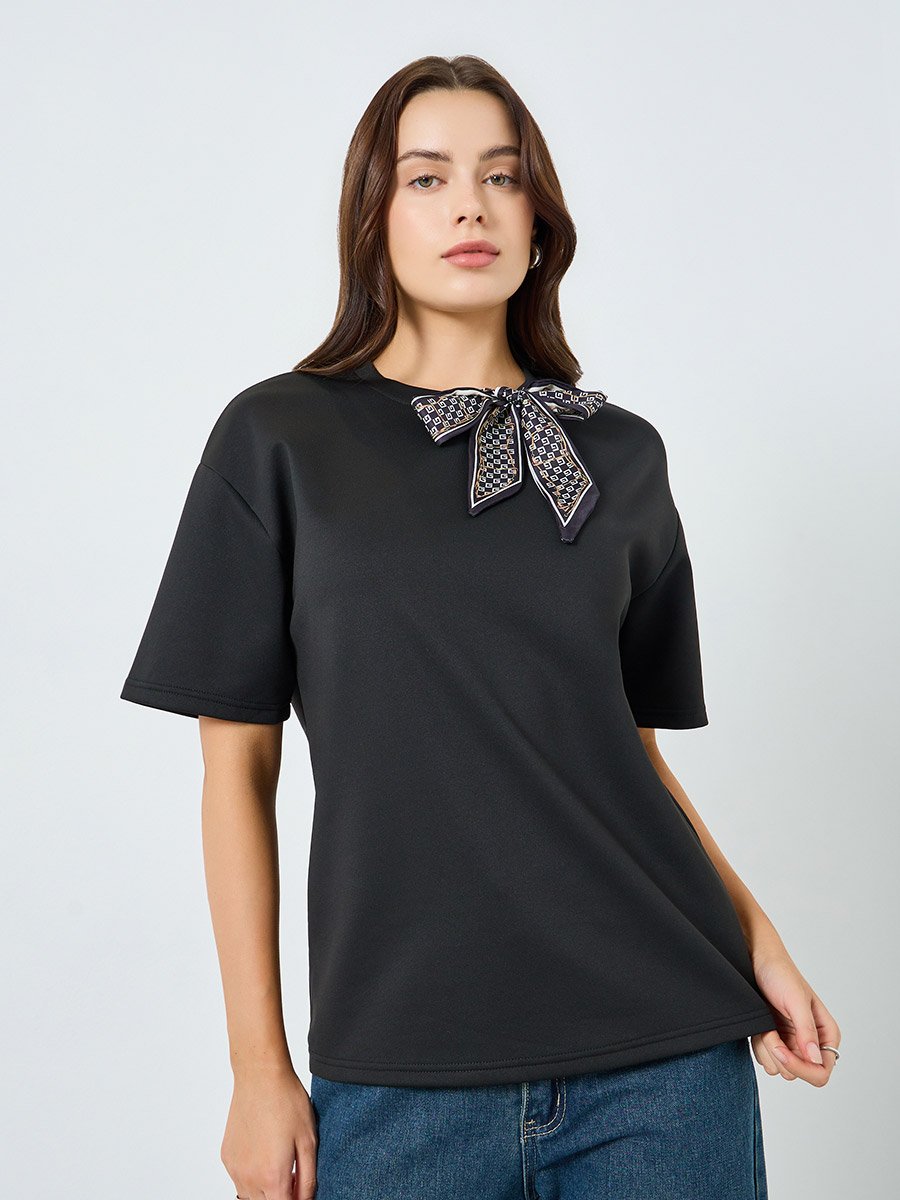 Women Black Oversized T-Shirt with Neck Scarf