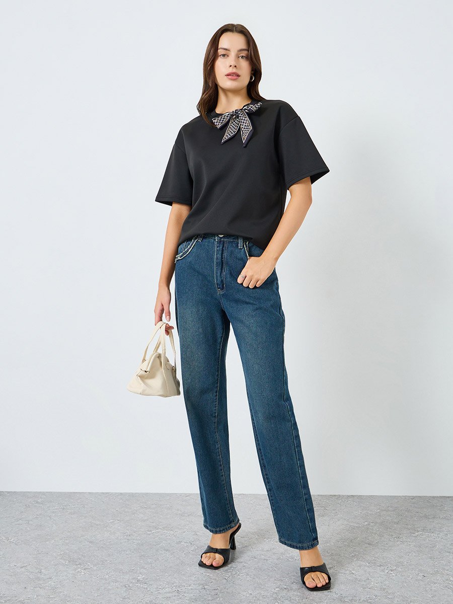 Women Black Oversized T-Shirt with Neck Scarf