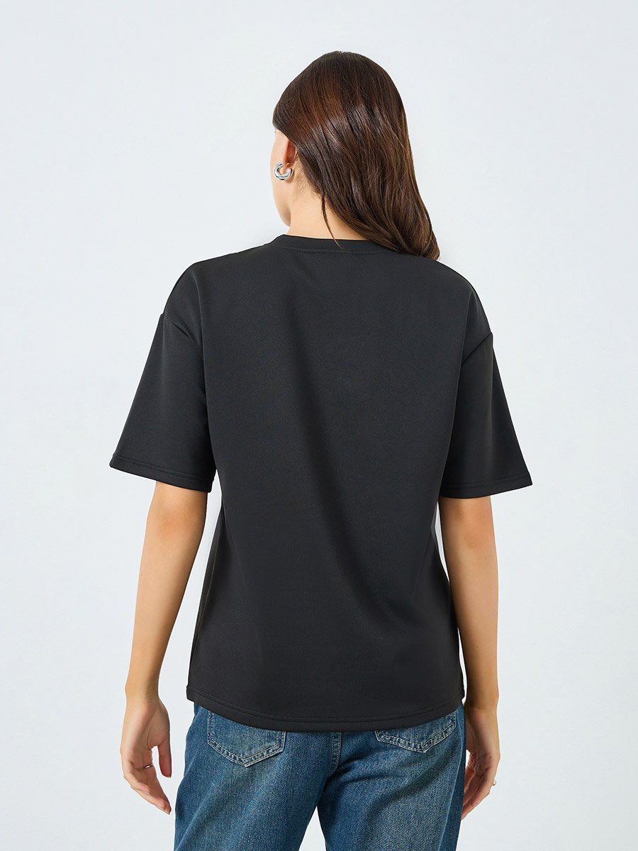 Women Black Oversized T-Shirt with Neck Scarf