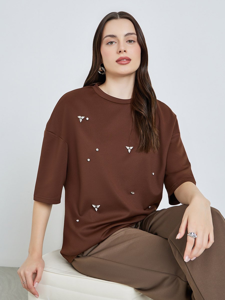 Women Brown Embellished Oversized T-Shirt