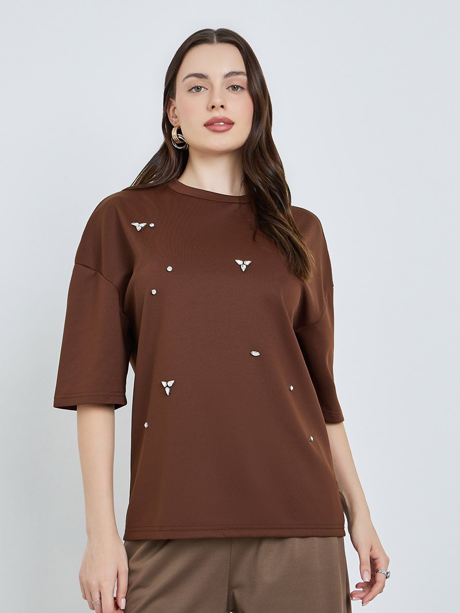 Women Brown Embellished Oversized T-Shirt