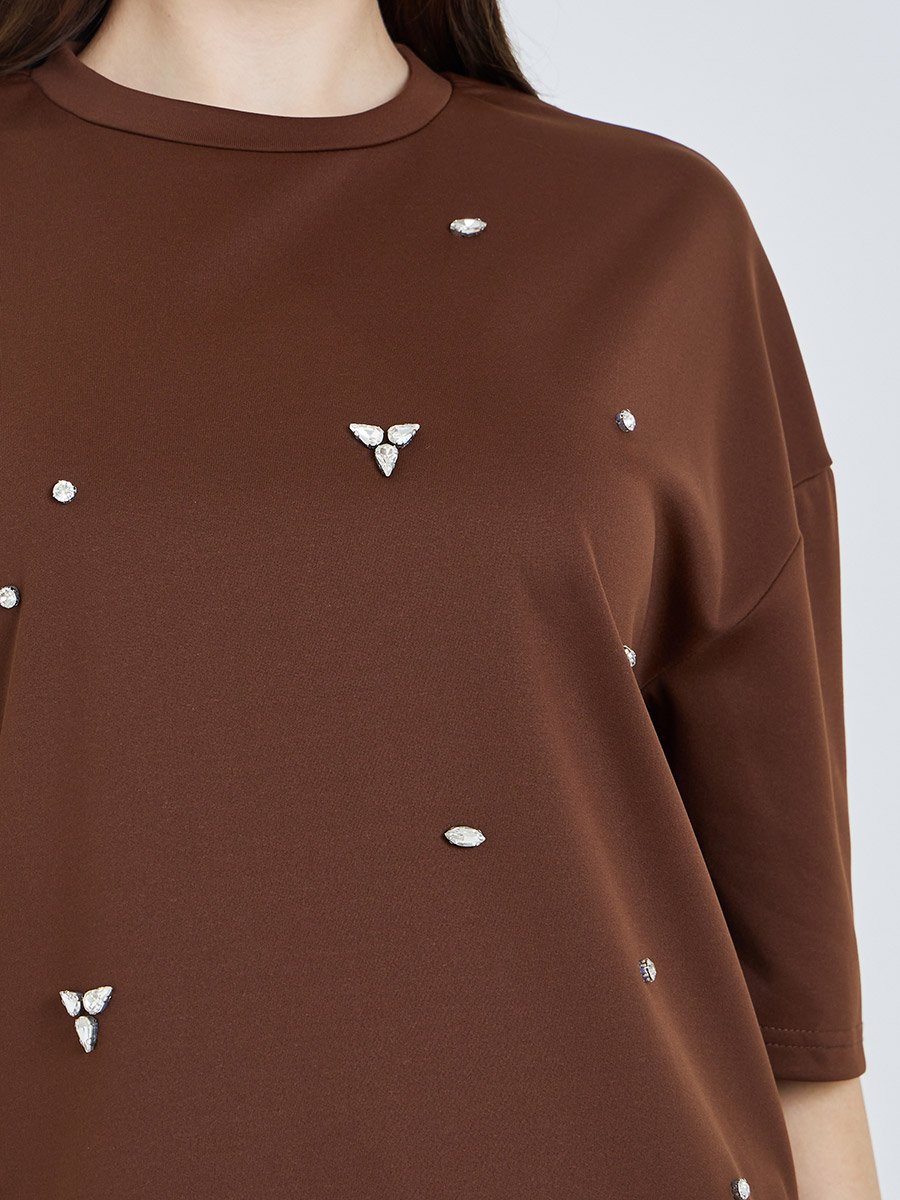 Women Brown Embellished Oversized T-Shirt