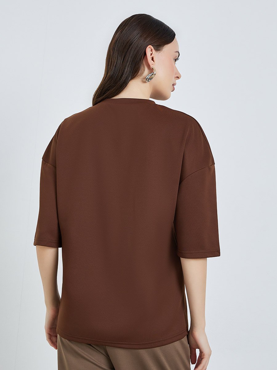 Women Brown Embellished Oversized T-Shirt