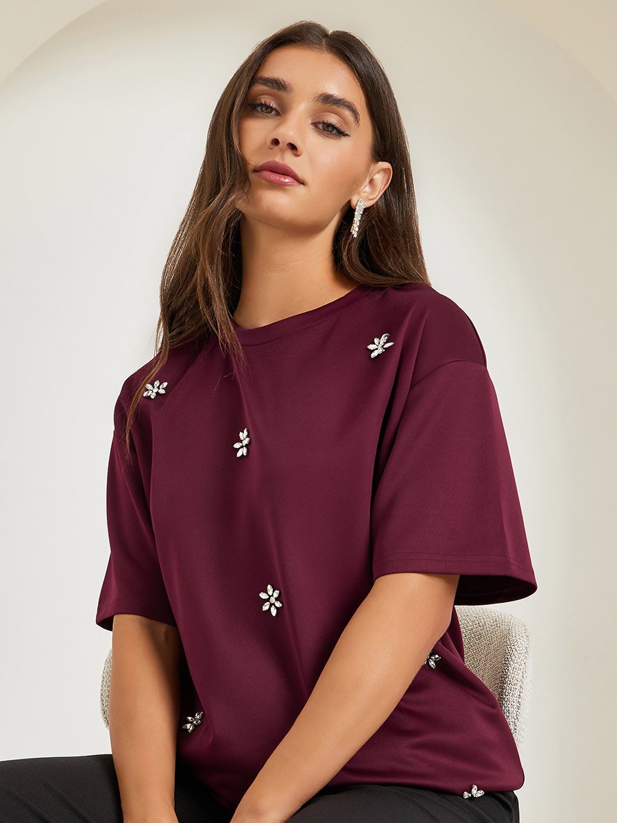 Burgundy Embellished Oversized T-Shirt