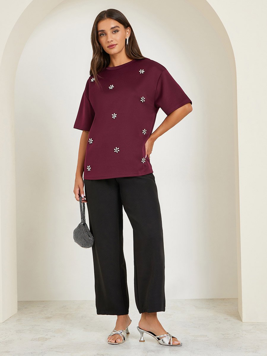 Burgundy Embellished Oversized T-Shirt