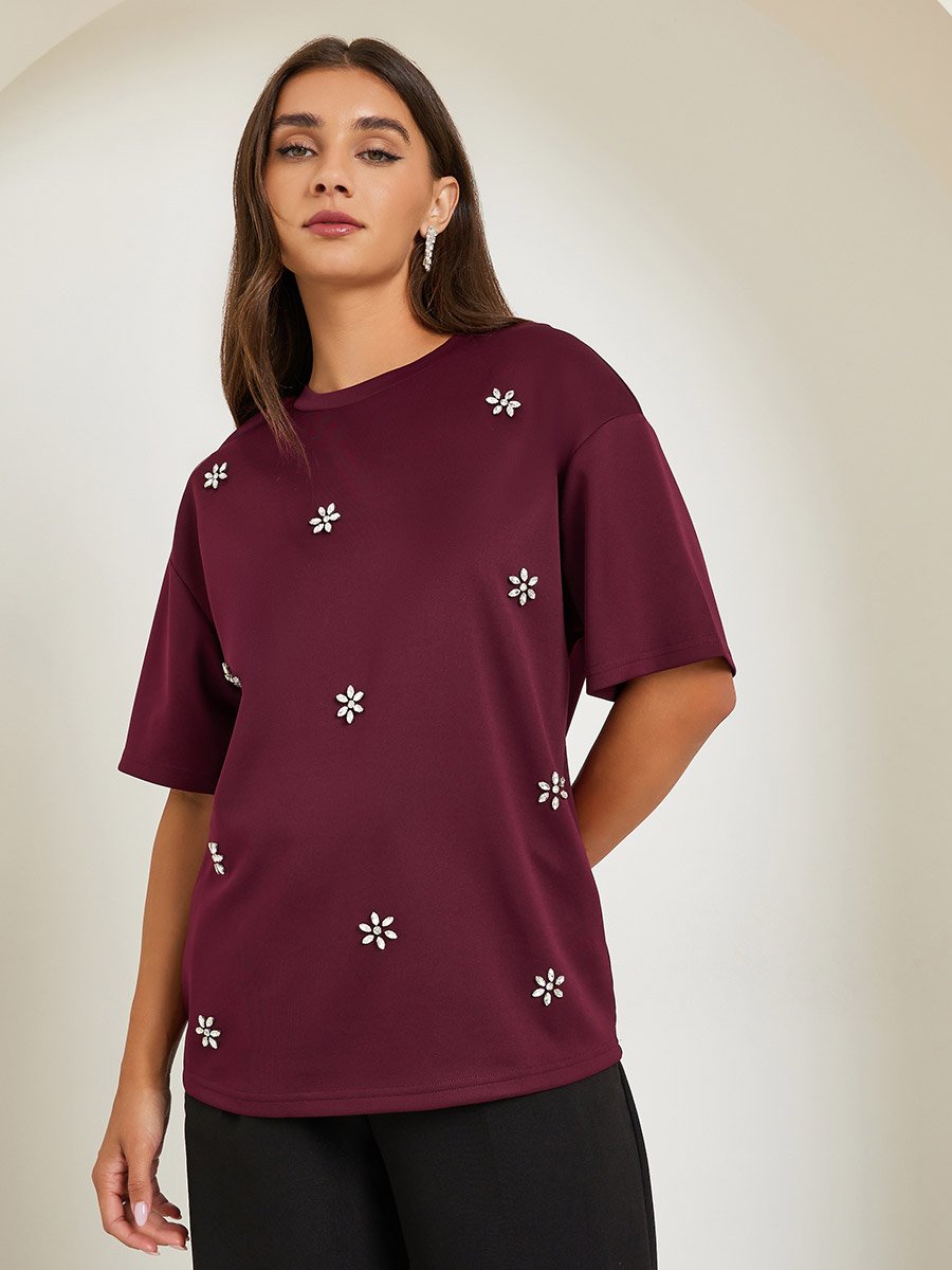 Burgundy Embellished Oversized T-Shirt