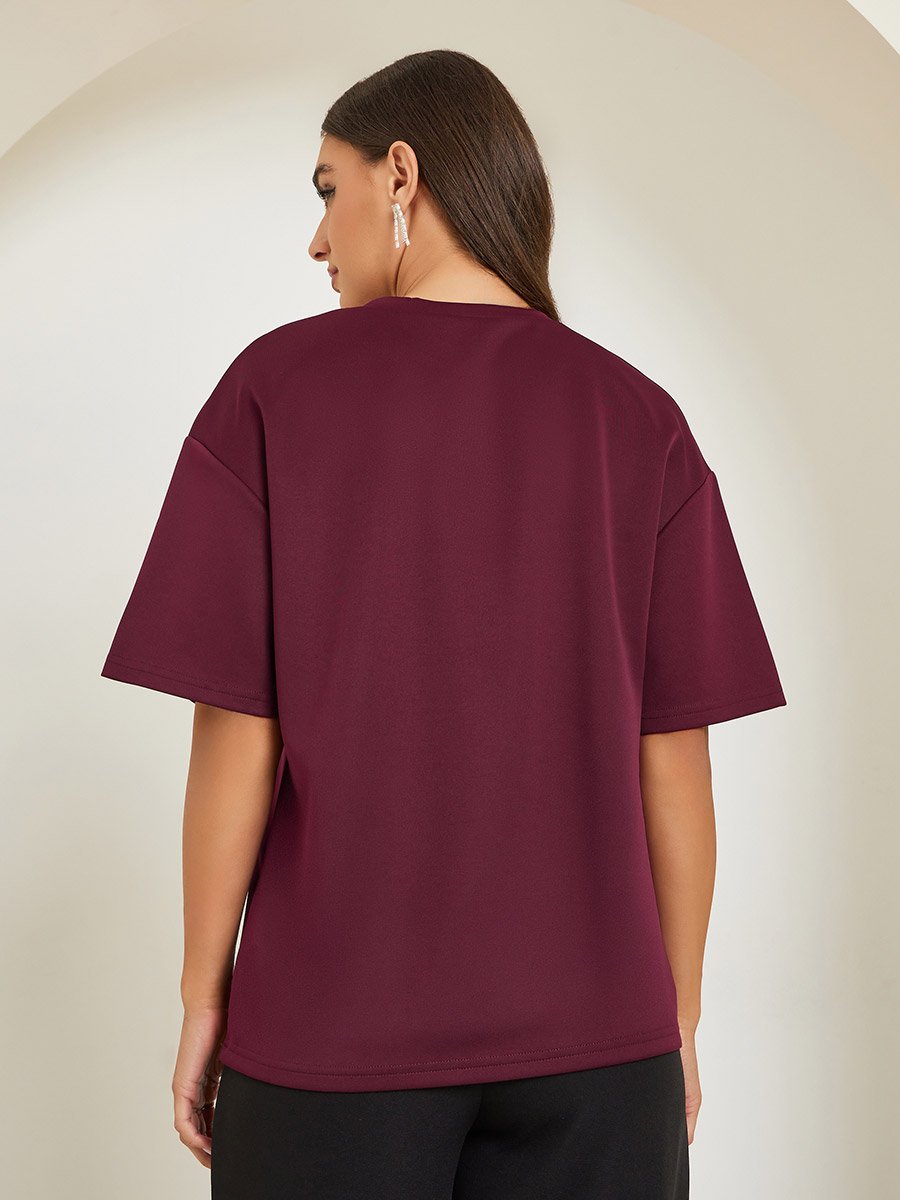 Burgundy Embellished Oversized T-Shirt