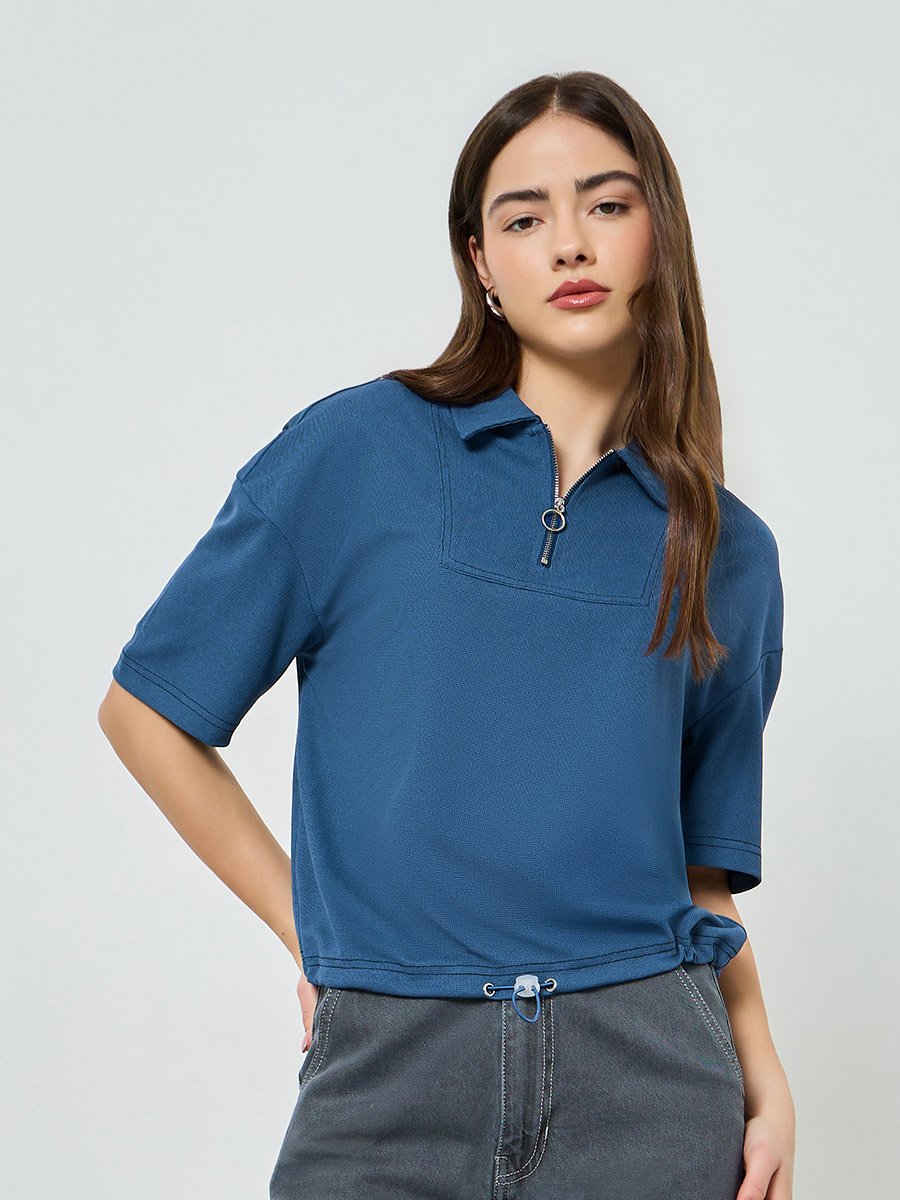 Navy Blue Relaxed Polo T-Shirt with Toggle Detail