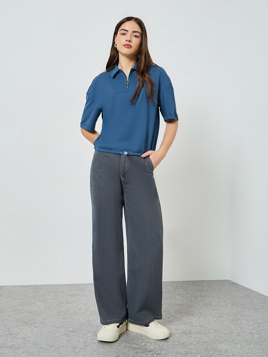 Navy Blue Relaxed Polo T-Shirt with Toggle Detail