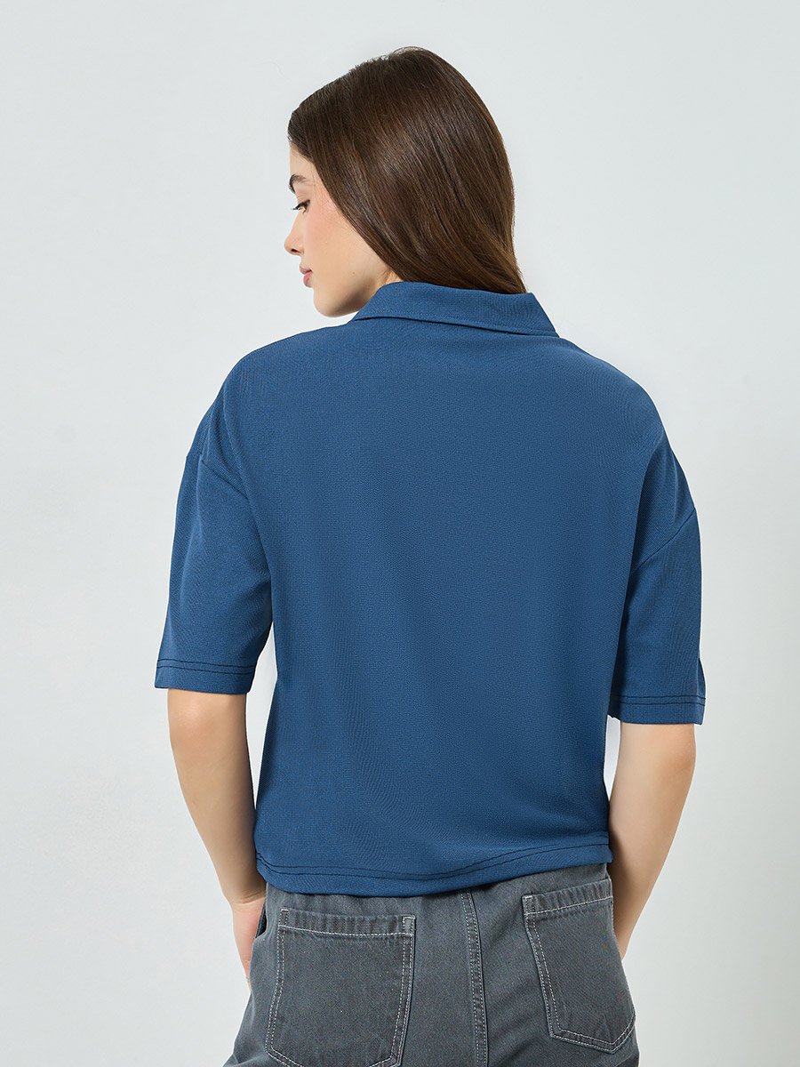 Navy Blue Relaxed Polo T-Shirt with Toggle Detail