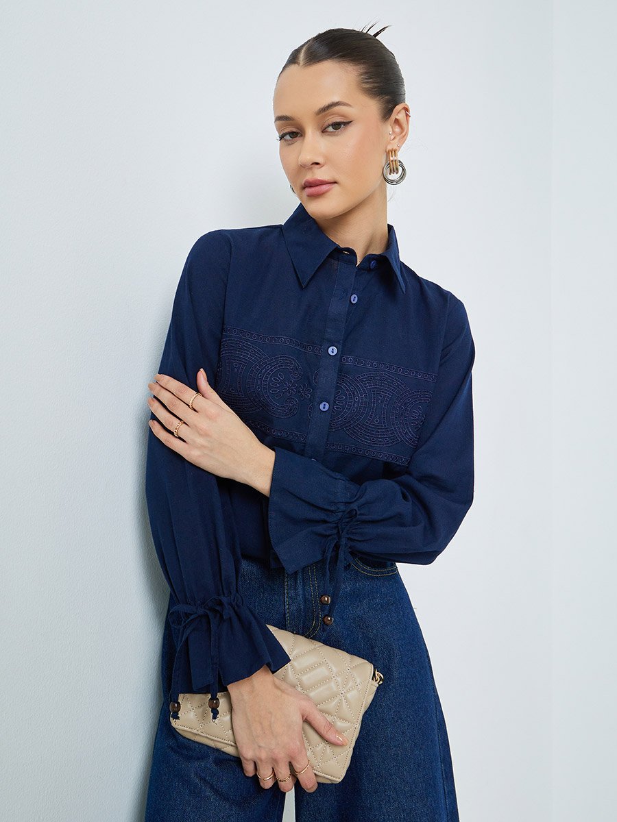 Navy Blue Embroidered Cotton Shirt