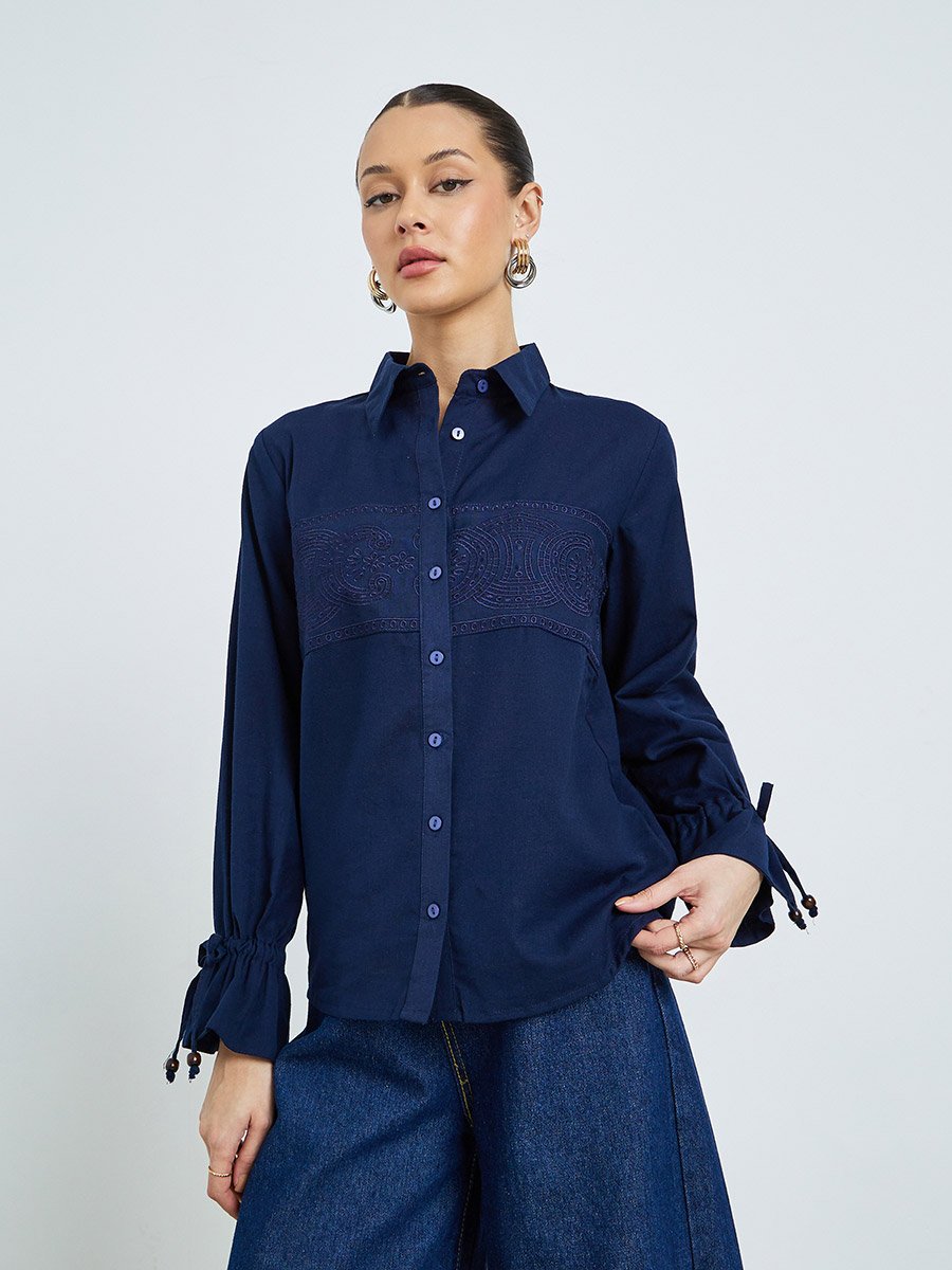 Navy Blue Embroidered Cotton Shirt