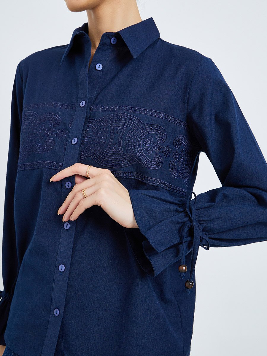 Navy Blue Embroidered Cotton Shirt