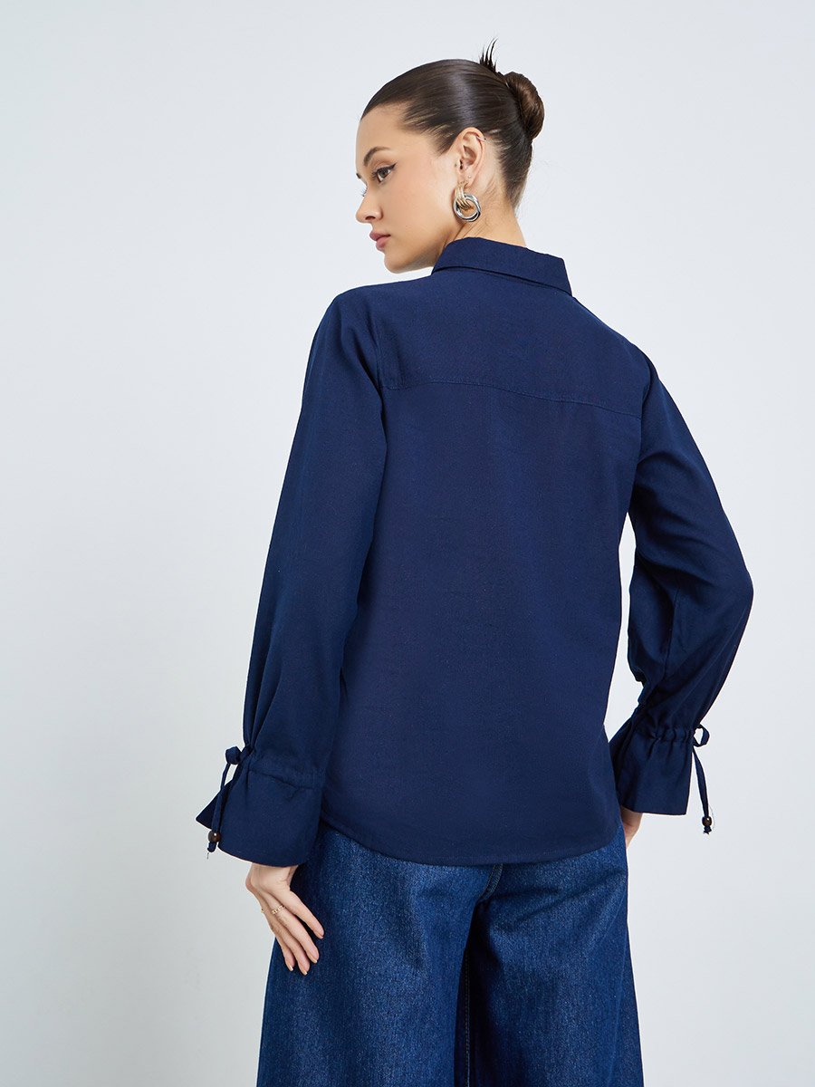 Navy Blue Embroidered Cotton Shirt