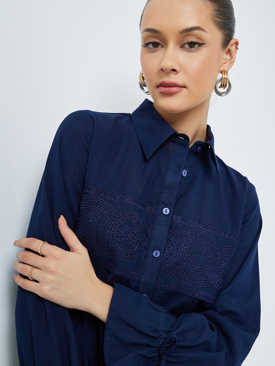 Navy Blue Embroidered Cotton Shirt