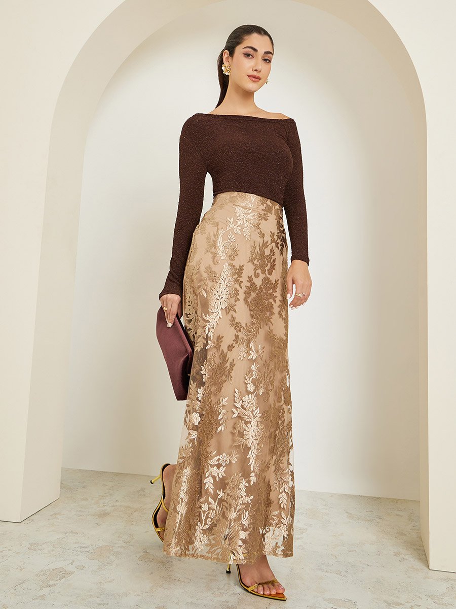 Women Gold Lace Pencil Maxi Skirt