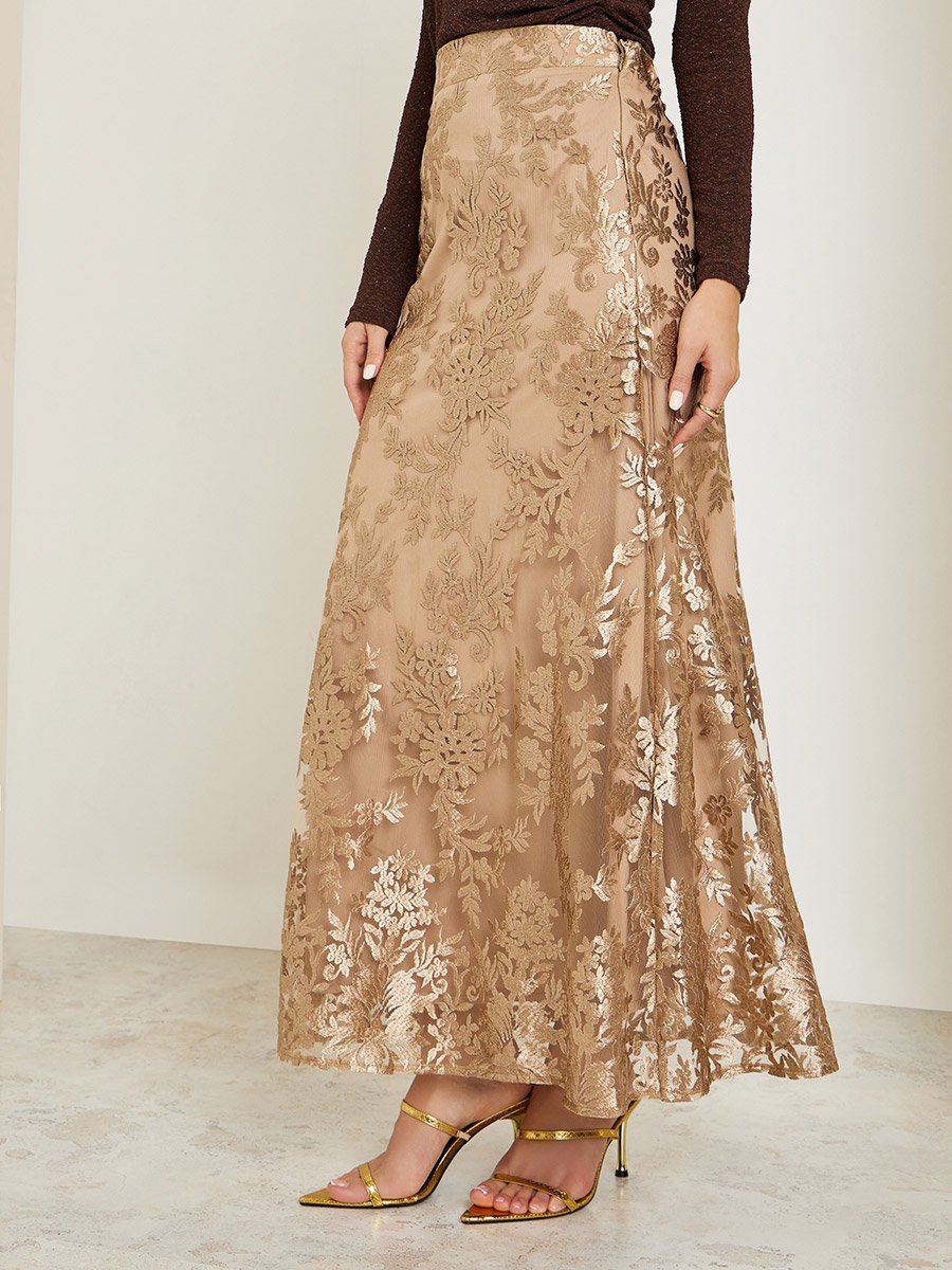 Women Gold Lace Pencil Maxi Skirt