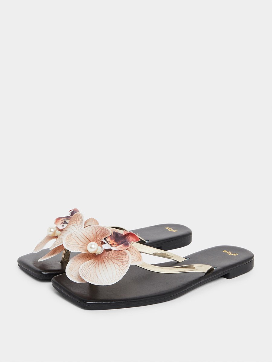 Black Flat Sandals with Floral Detail